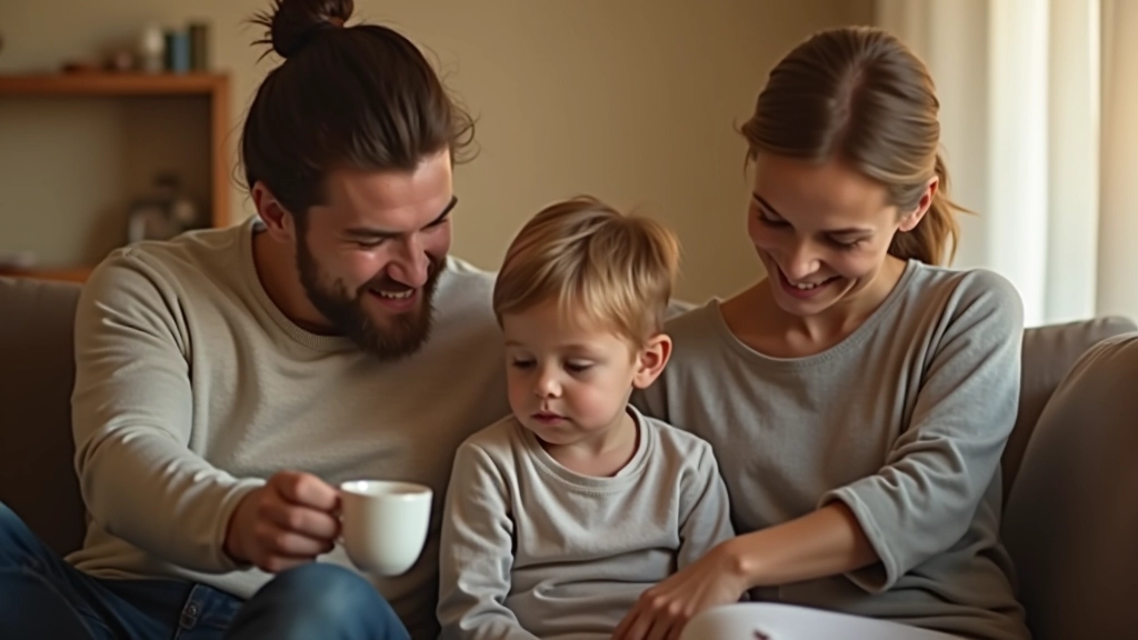 Familie sitzt zusammen im Wohnzimmer, Eltern und Kind, warme Atmosphäre