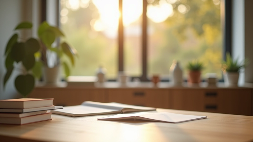 Modernes Büroumfeld mit natürlichem Licht, Schreibtisch mit Notizen und Fachliteratur zur Psychologie und Selbsthilfe