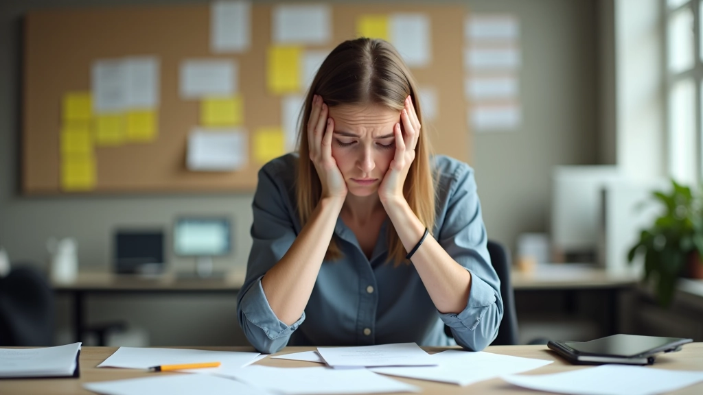 Person sitzt überfordert am Schreibtisch mit vielen To-Do Listen, wirkt erschöpft und gestresst