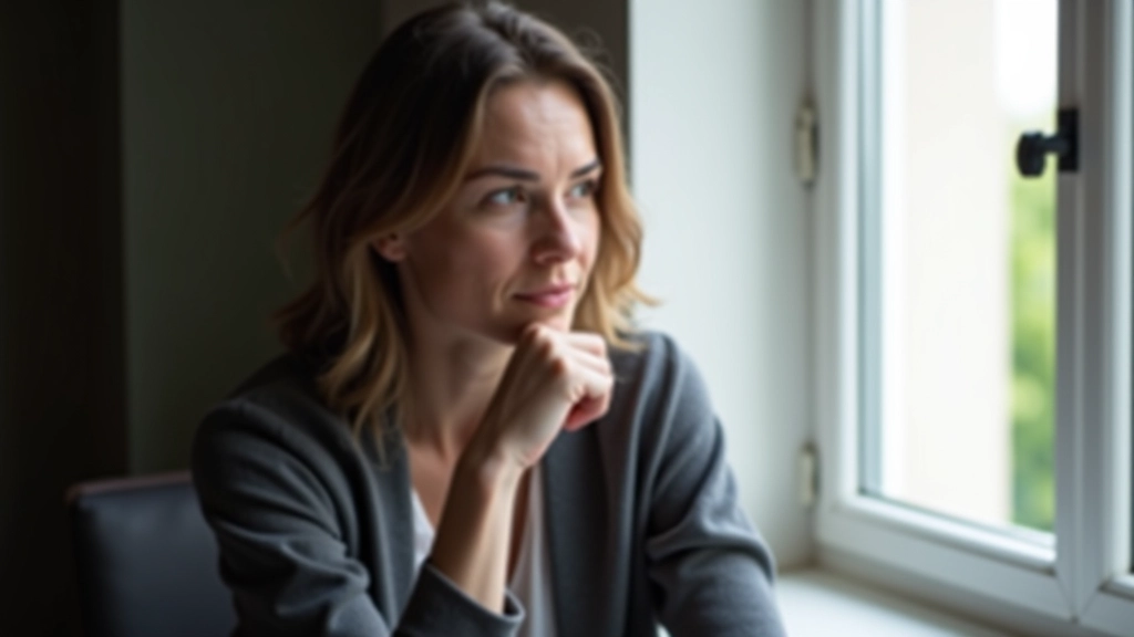 Person sitzt nachdenklich, Hand am Kinn, schaut aus dem Fenster, innere Reflexion