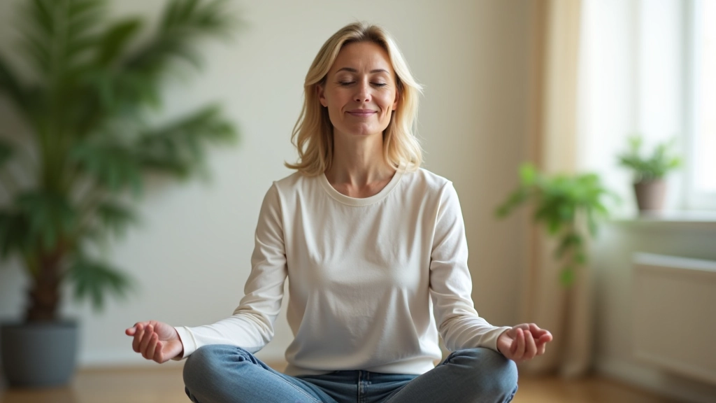 Person meditiert in ruhigem Raum mit Pflanze, wirkt entspannt und präsent