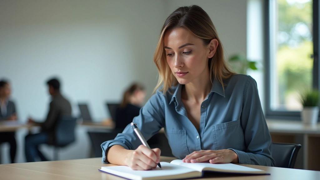 Frau am Schreibtisch mit Tagebuch, konzentrierter Ausdruck, moderne Arbeitsumgebung