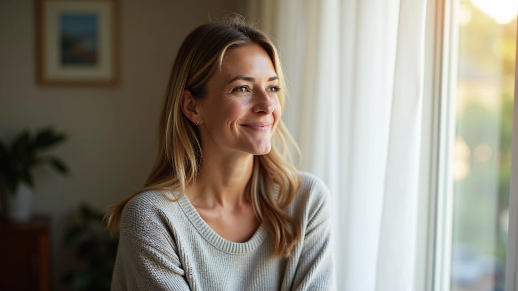 Frau sitzt in ruhigem Raum, schaut nachdenklich aus dem Fenster, natürliches Licht, friedliche Atmosphäre