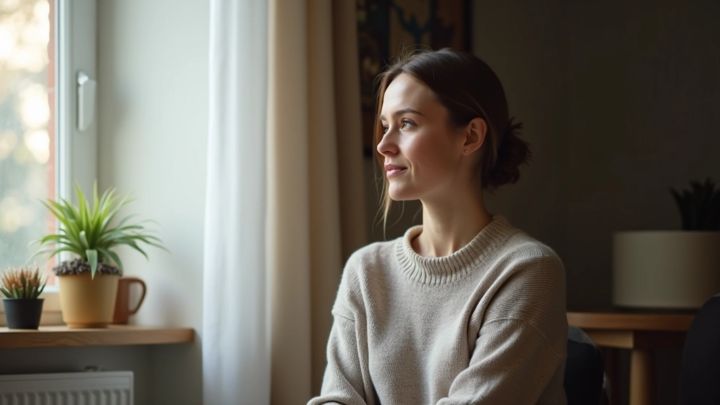 Person in ruhiger Umgebung, nachdenklicher Ausdruck, sitzt am Fenster
