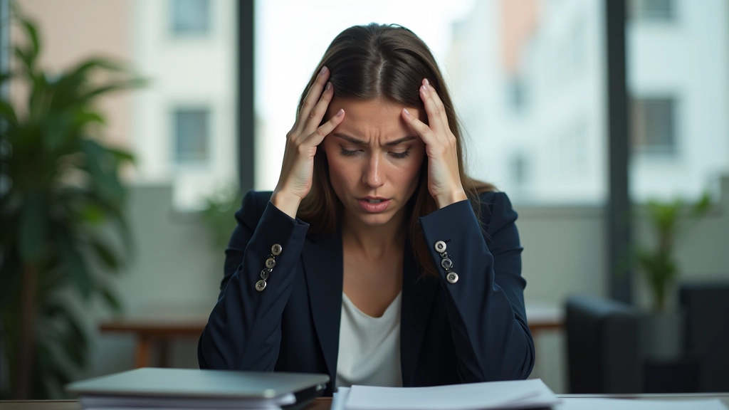 Frau sitzt am Schreibtisch, sieht überarbeitet aus, mit gesenktem Kopf und angespannten Schultern