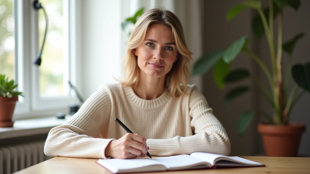 Frau sitzt am Schreibtisch, schreibt in ein Notizbuch, wirkt fokussiert und ruhig