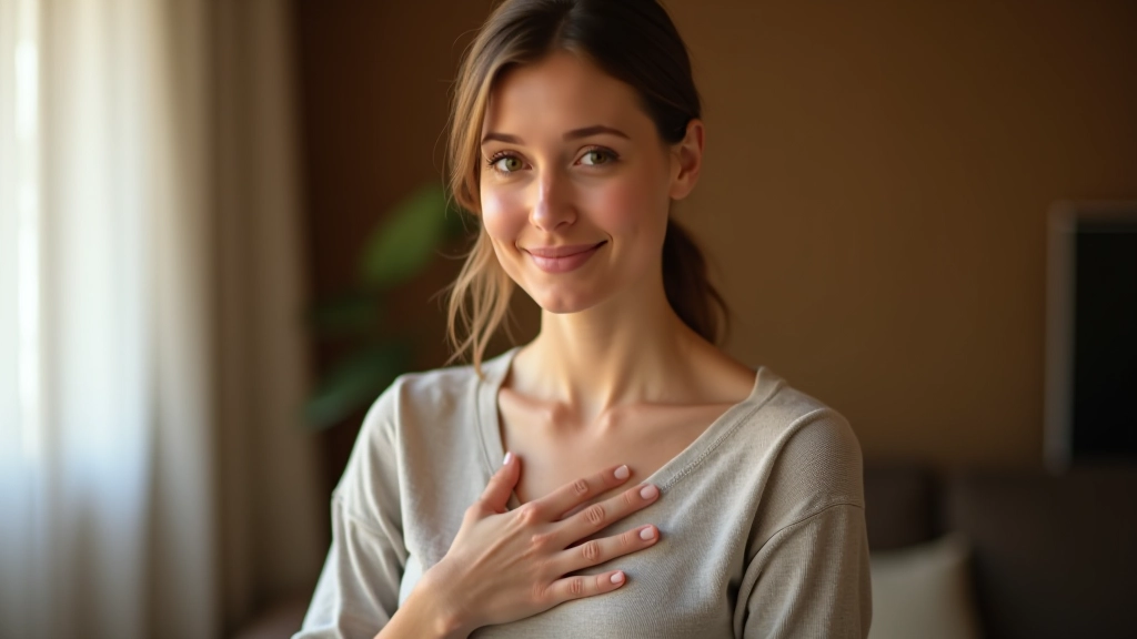 Frau praktiziert Selbstmitgefühl, Hand auf Herz, ruhige Körpersprache, natürliche Beleuchtung